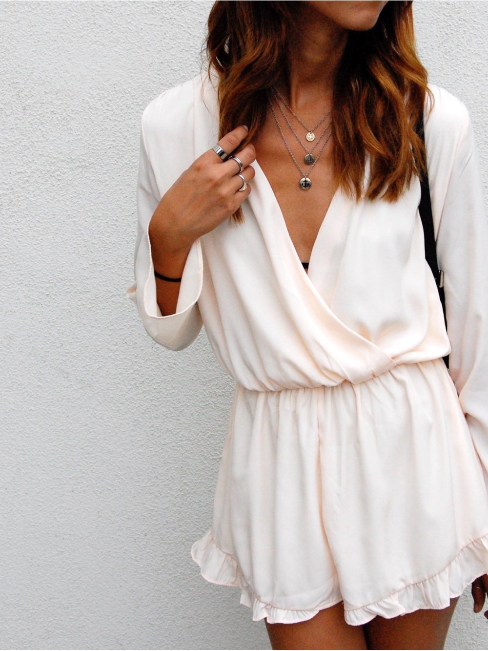 Stone Cold Fox Cream Wrap Romper with Ruffle Hem